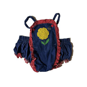 Vintage Texsis Baby Romper 3-6 mo Denim Floral Ruffle Bloomers Overalls 90s Cute